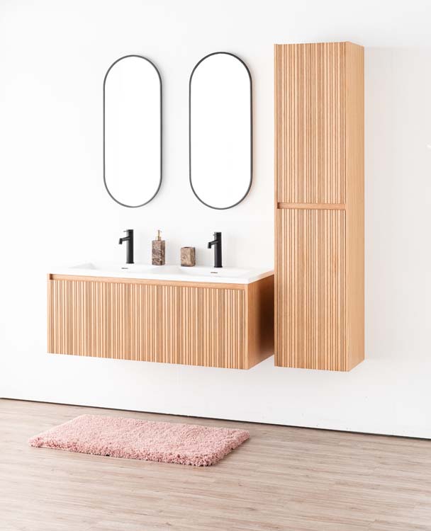 Meuble de salle de bains Warren afromosia suspendu avec lavabo double blanc mat 120cm