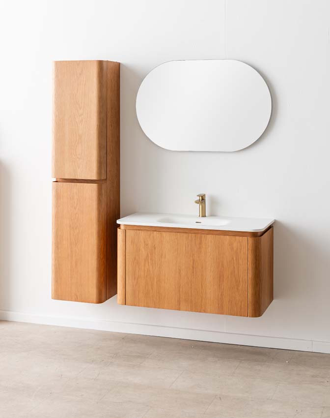 Badkamermeubel Floris eik hangend met enkele wastafel glanzend wit 100cm