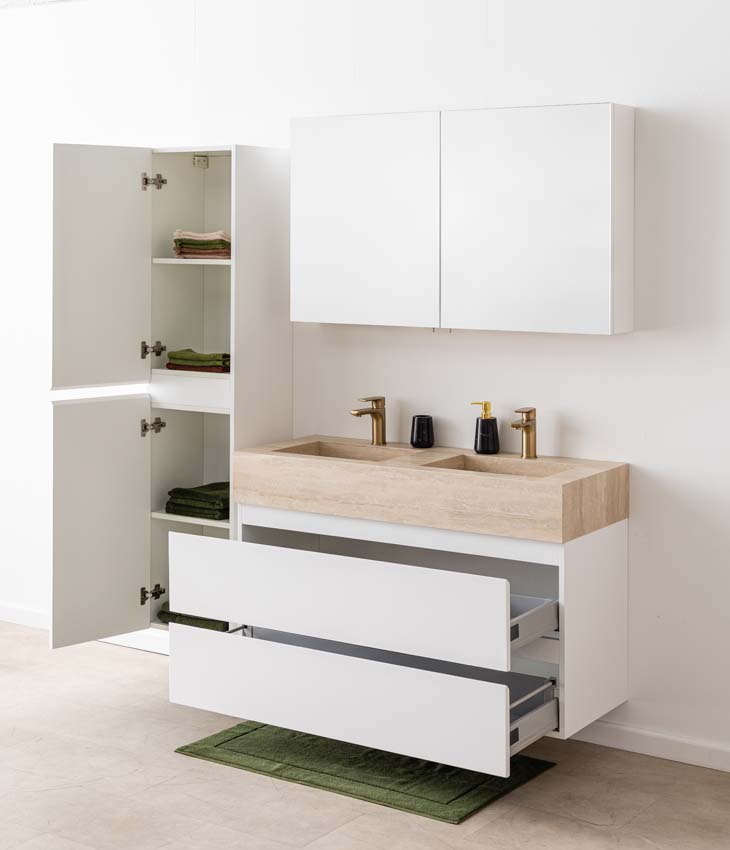 Meuble de salle de bain Tibo blanc avec double lavabo large en travertin 120cm