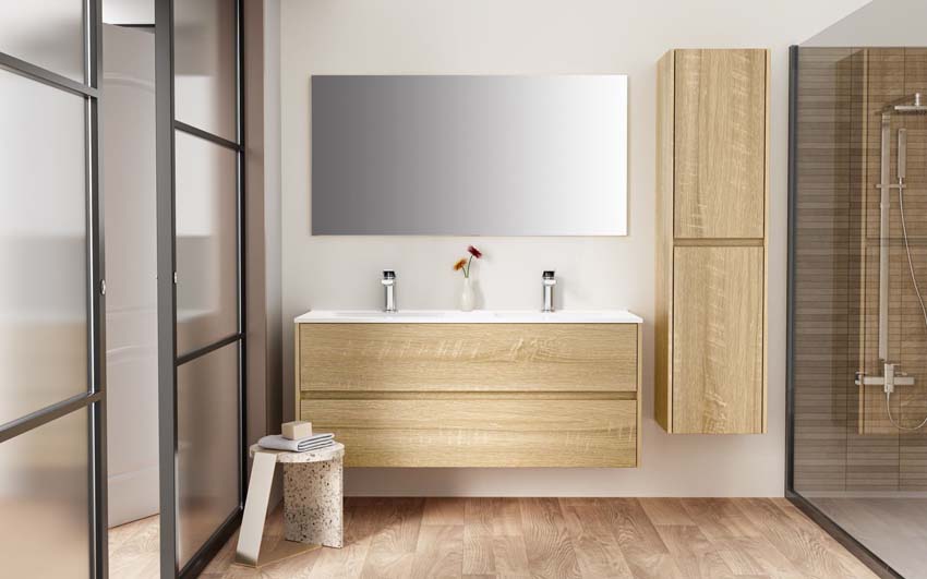 Meuble de salle de bain Vito chêne avec double lavabo blanc brillant 120 cm + miroir