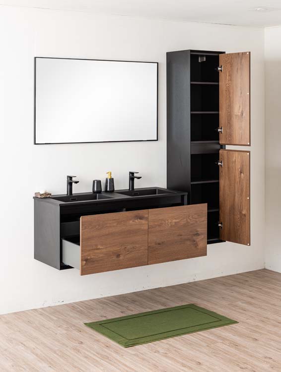 Badkamermeubel Justin notelaar hangend met dubbele wastafel mat zwart 120cm
