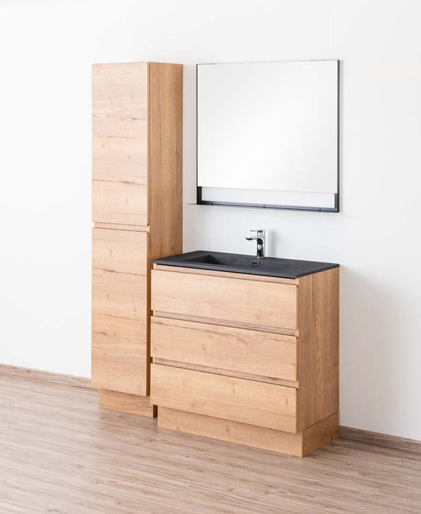 Meuble de salle de bain Daria chêne brun doré 900 mm sur pied lavabo noir mat Meuble de salle de bain Daria chêne brun doré 900 mm sur pied lavabo noir mat