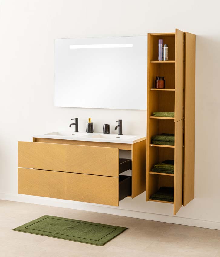 Meuble de salle de bains Waldorf chêne suspendu avec lavabo double en solid surface 120cm