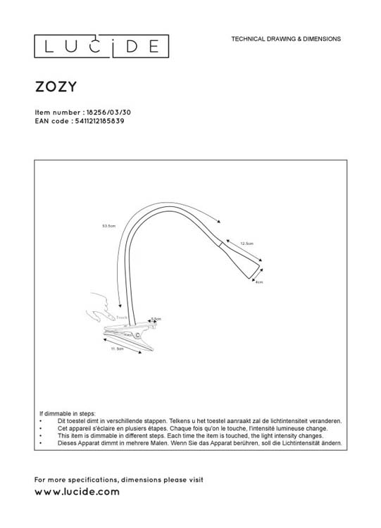 Lucide ZOZY - Klemlamp - LED Dimb. - 1x3W 3000K - 3 StepDim - Zwart