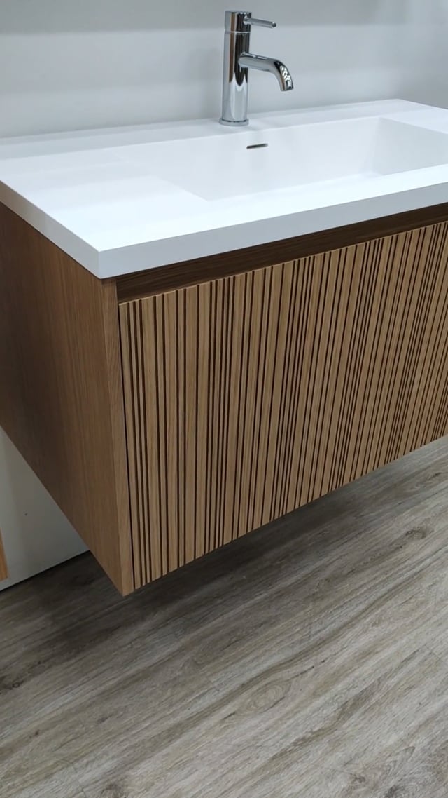 Meuble de salle de bains Warren afromosia suspendu avec lavabo simple blanc mat 90cm