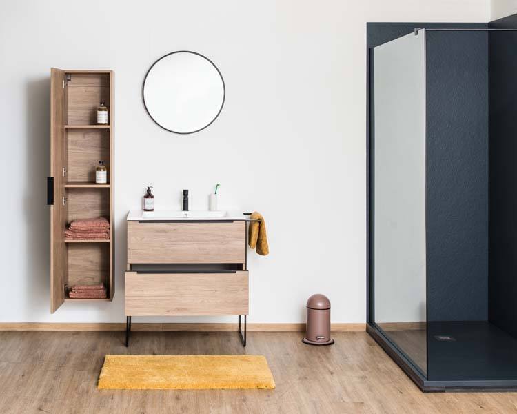 Badkamermeubel Mist houtlook staand met enkele wastafel glanzend wit 80cm
