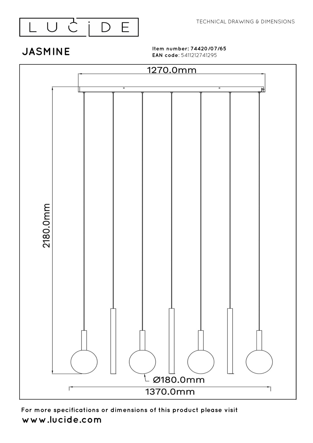 Lucide Premium Jasmine - Hanglamp - LED Dimb. - CCT - 7X4W 2200K/3300K - Geschikt voor vide en hoge plafonds - Koper