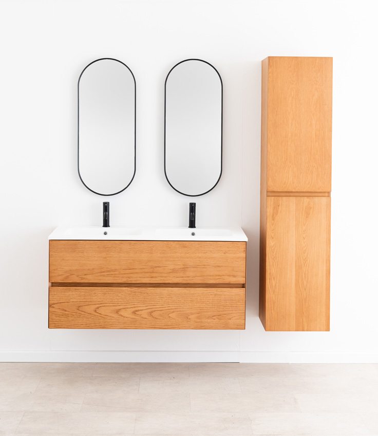 Badkamermeubel Fior eik hangend met dubbele wastafel mat wit 120cm