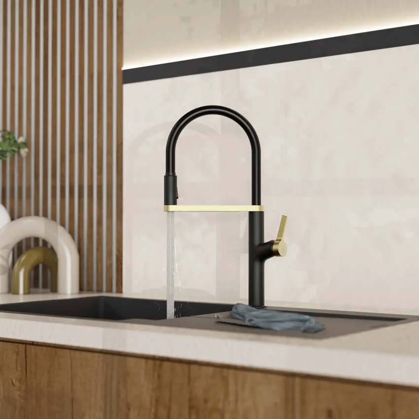 Robinet de cuisine Wasserwerk WK 2 noir mat/or mat avec bec extractible