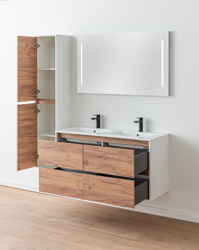 Badkamermeubel Treviso eik/wit met dubbele wastafel glanzend wit 120cm