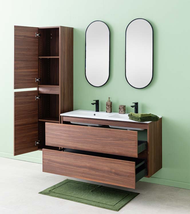 Meuble de salle de bains Dotan noyer suspendu avec lavabo double blanc mat 120cm