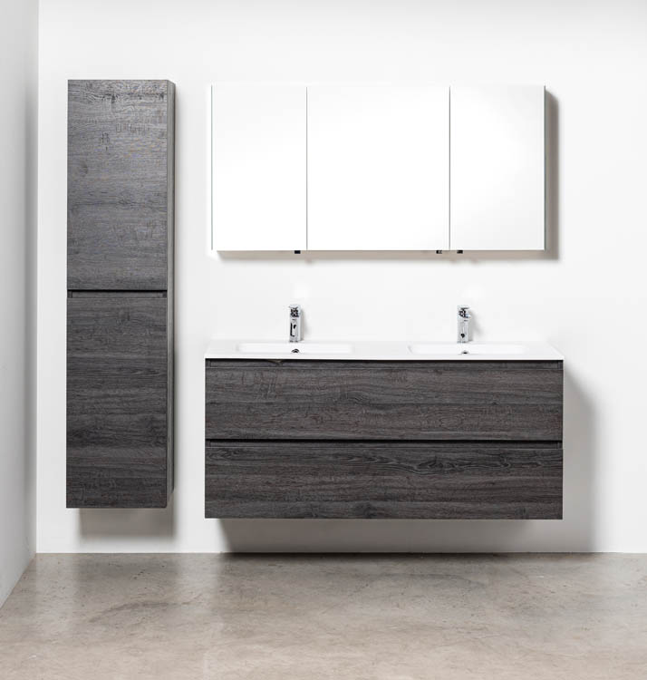 Badkamermeubel Dotan donkere eik hangend met dubbele wastafel mat wit 140cm