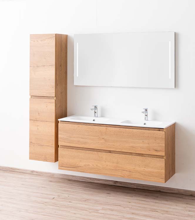 Meuble de salle de bain Daria chêne brun doré 1400 mm 2 lavabo mat