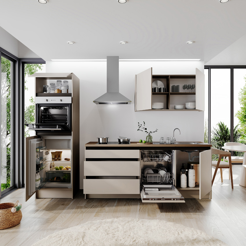 Keuken Berlin kasjmier 273cm - met toestellen - vitrokeramische kookplaat en inox wanddampkap