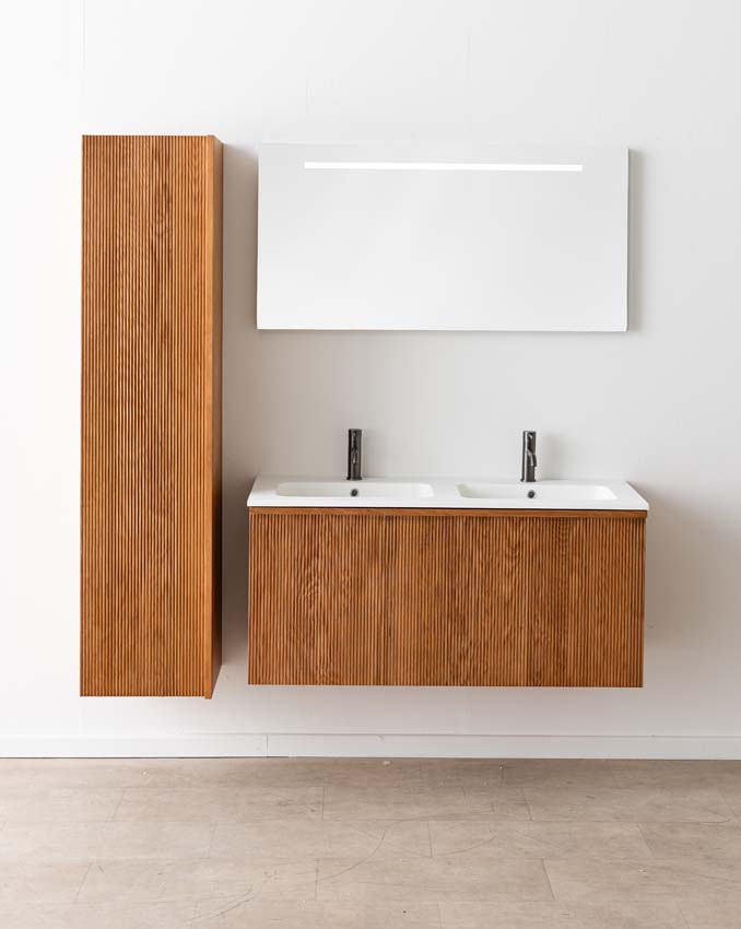 Meuble de salle de bain Fae chêne suspendu avec double lavabo blanc mat 120cm