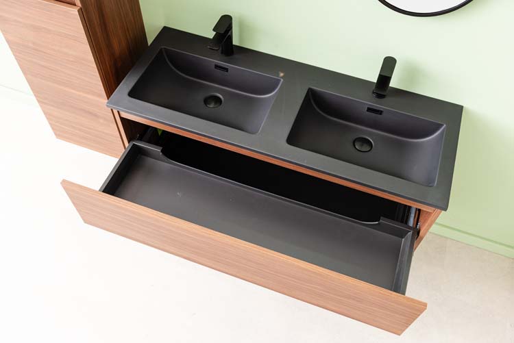 Meuble de salle de bains Dotan noyer suspendu avec lavabo double noir mat 120cm