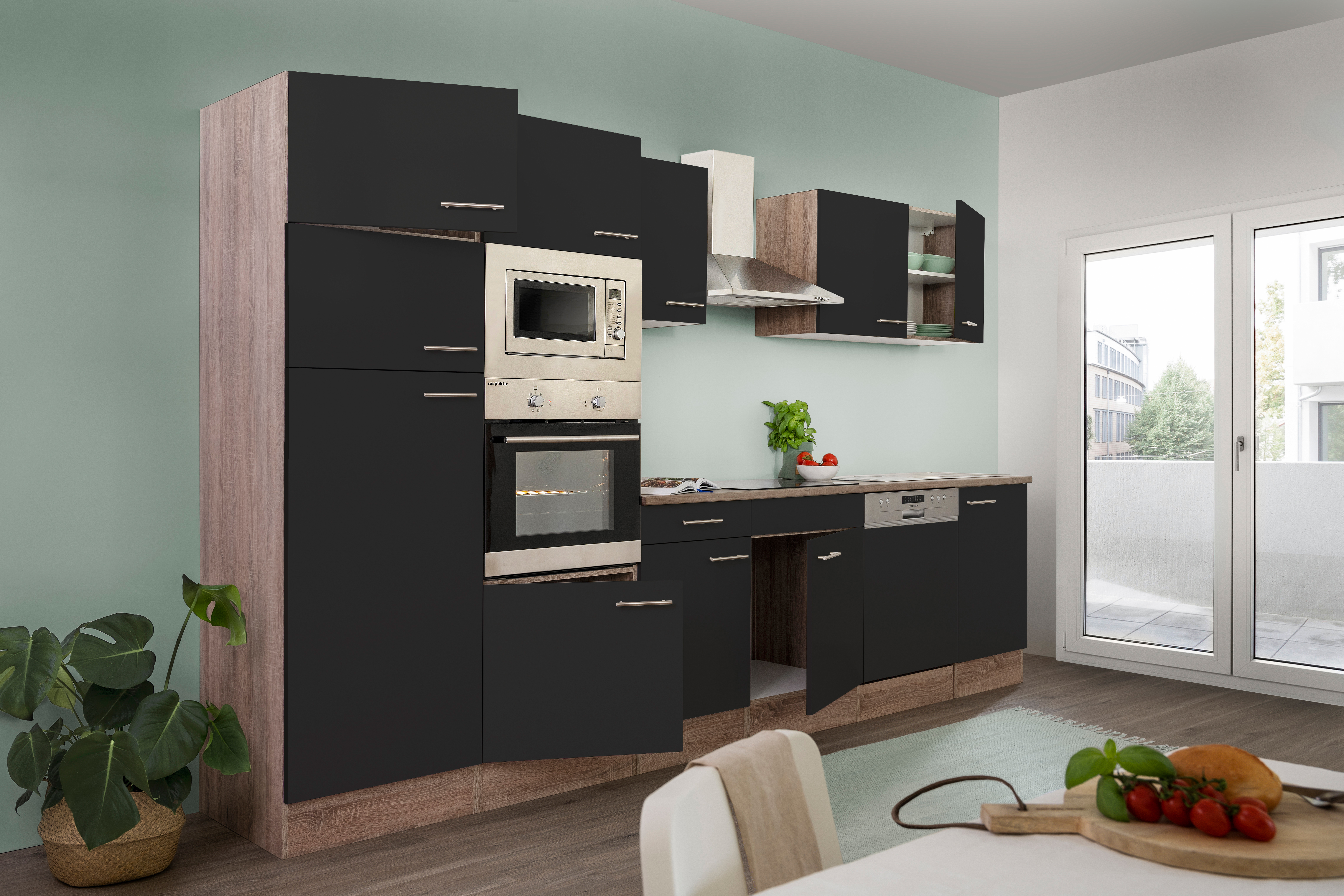 Cuisine 340cm - noir/chêne foncé - plaque de cuisson vitrocéramique