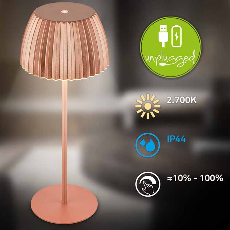 Tafellamp Veluna - koper - 36.5cm - dimbaar - LED - 2W - 2700K - IP44 - USB