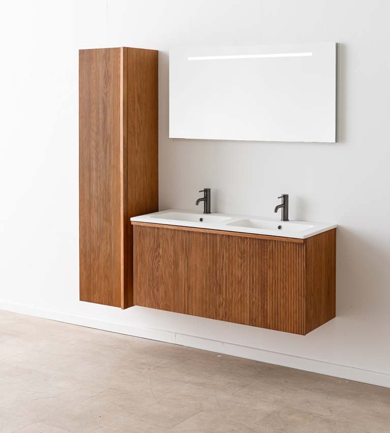 Meuble de salle de bain Fae chêne suspendu avec double lavabo blanc mat 120cm