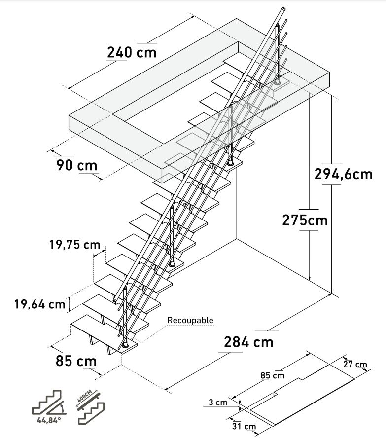 Escalier hêtre Bergheim droit avec rampe