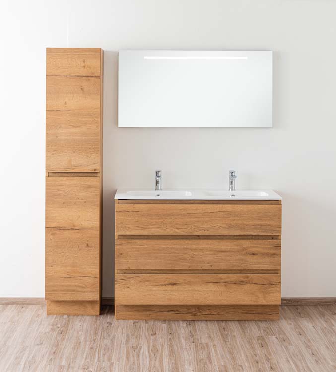 Meuble de salle de bain Daria chêne brun doré 1200 mm sur pied 2 lavabo brillant