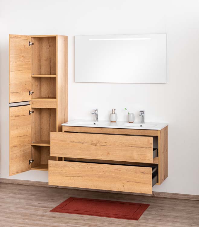 Meuble de salle de bain Daria chêne brun doré 1200 mm 2 lavabo porcelaine brillant