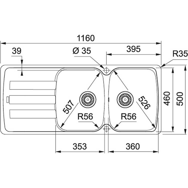 Spoelbak Franke Antea metaalwit 2 bak 116x50cm