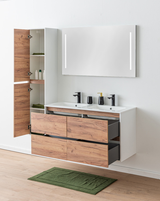 Badkamermeubel Treviso eik/wit met dubbele wastafel glanzend wit 120cm
