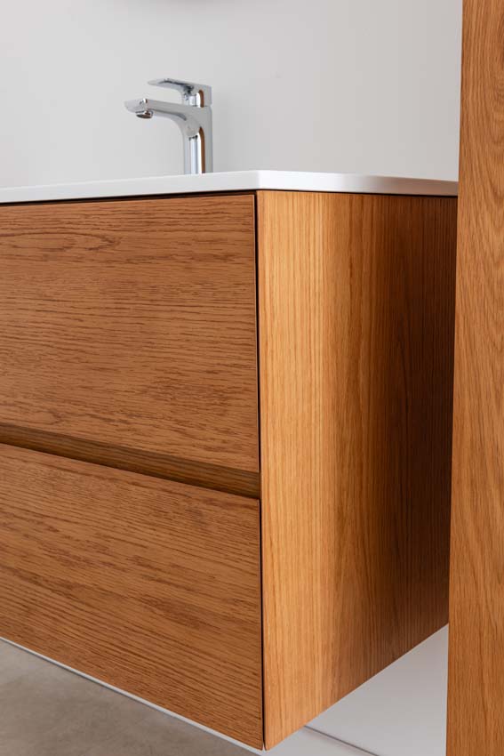 Badkamermeubel Fior eik hangend met enkele wastafel mat wit 90cm