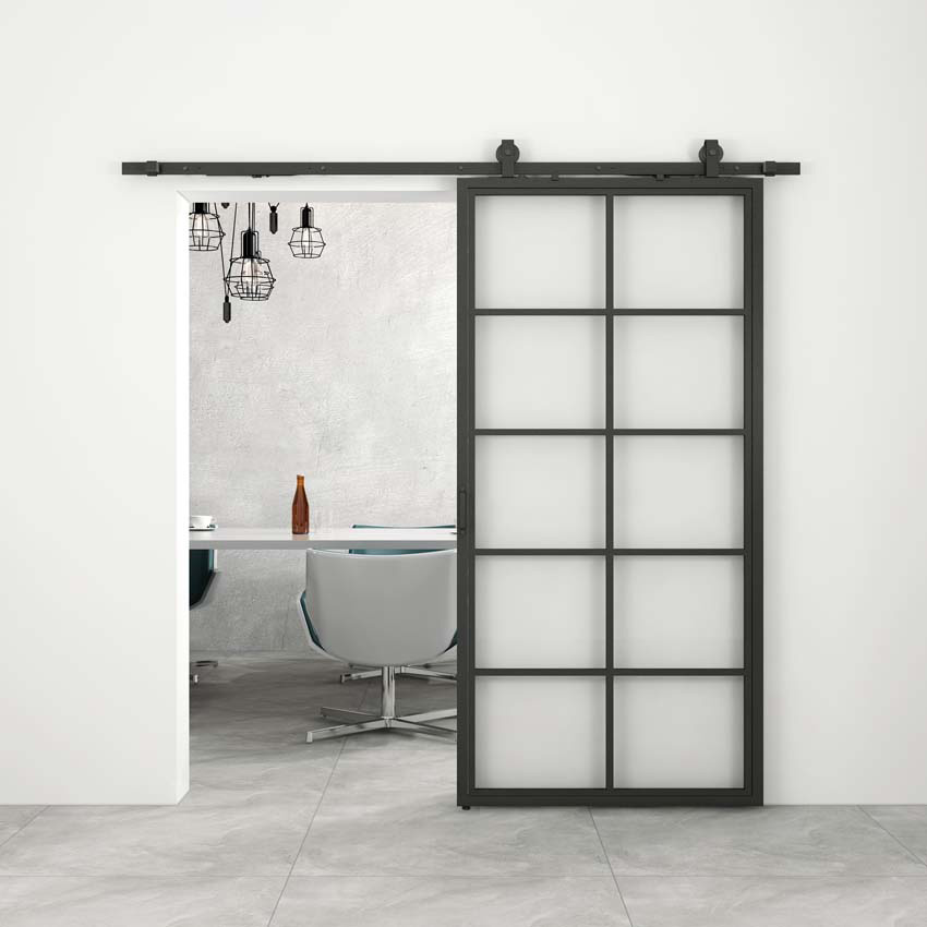Porte coulissante simple en acier complète Tyra veere mat 10R 93x213,4cm noir + rail noir