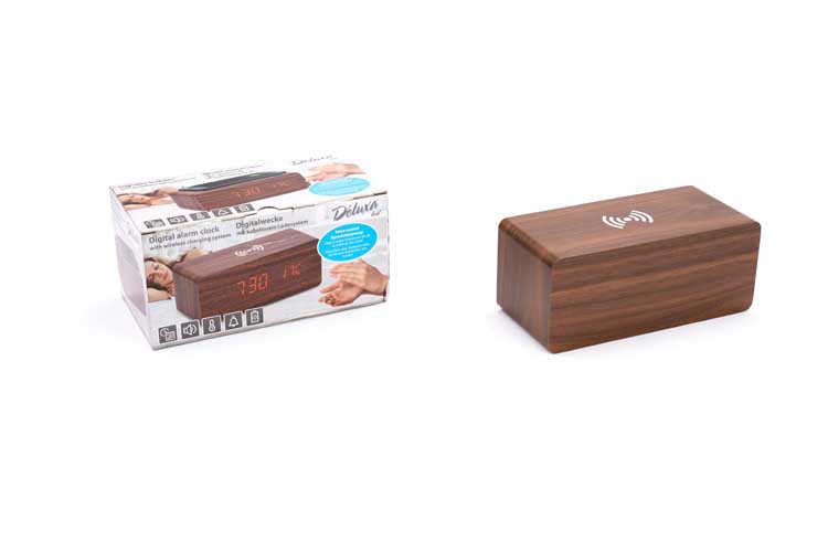 Houten wekker met QI-lader draadloos bruin hout digitaal