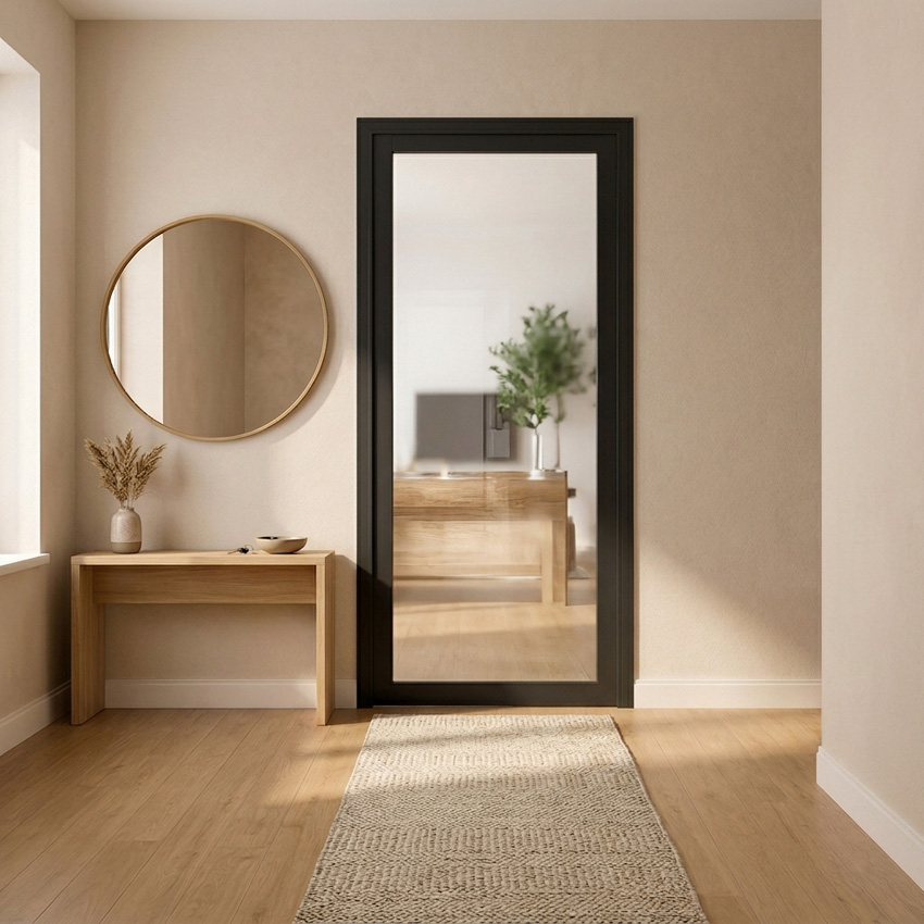 Bloc-porte steel look bois noir 1R L201,5xl63cm verre clair réversible