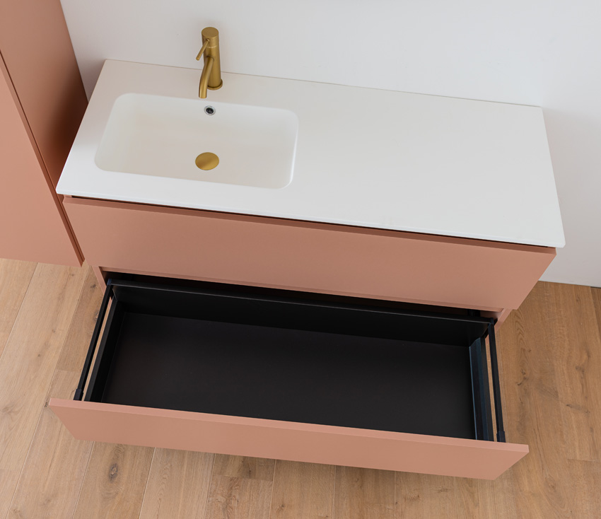Meuble de salle de bains Dotan abricot suspendu avec lavabo simple gauche blanc mat 120cm