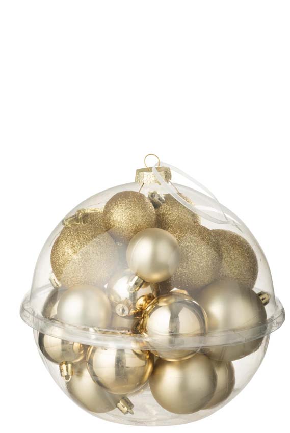 Kerstballen goud in transparante kerstbal 20x20x20cm