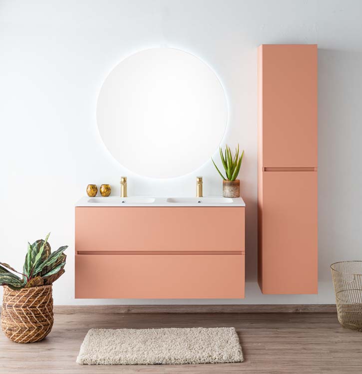 Meuble de salle de bains Puro blush suspendu avec lavabo double blanc mat 120cm