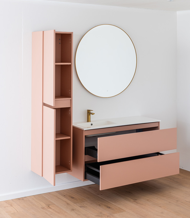 Meuble de salle de bains Dotan abricot suspendu avec lavabo simple gauche blanc brillant 120cm