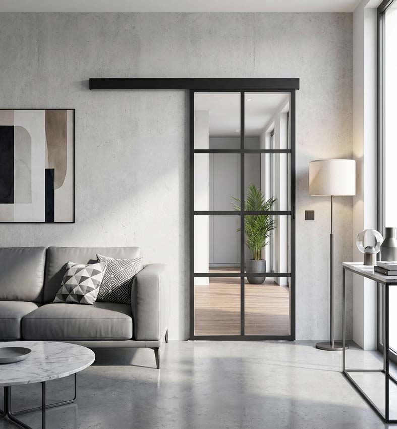 Complete enkele schuifdeur Luxe Urla Nero helder glas 8R op maat zwart + rail zwart