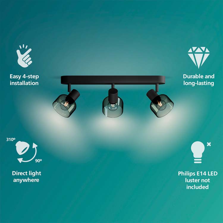 Opbouwspot - glas kort - dimbaar - E14 - 3x25W - excl lamp - zwart