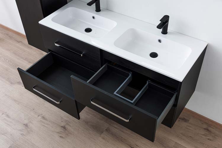 Badkamermeubel Plato zwart houtnerf 140cm - dubbel - glanzend - greep chroom