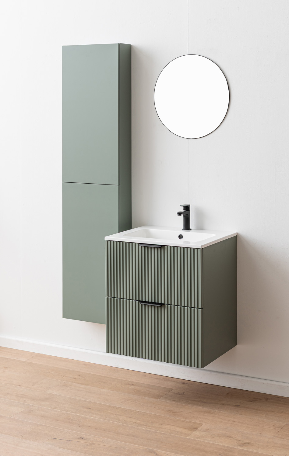 Badkamermeubel Raven saliegroen hangend met wastafel Aveda wit glanzend 60cm