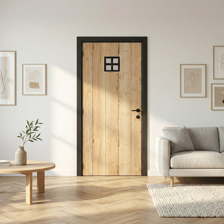 Porte intérieure complète Realwood Oak 4500 verre mat 201,5x83cm tubulaire réversible + châssis noir 20cm
