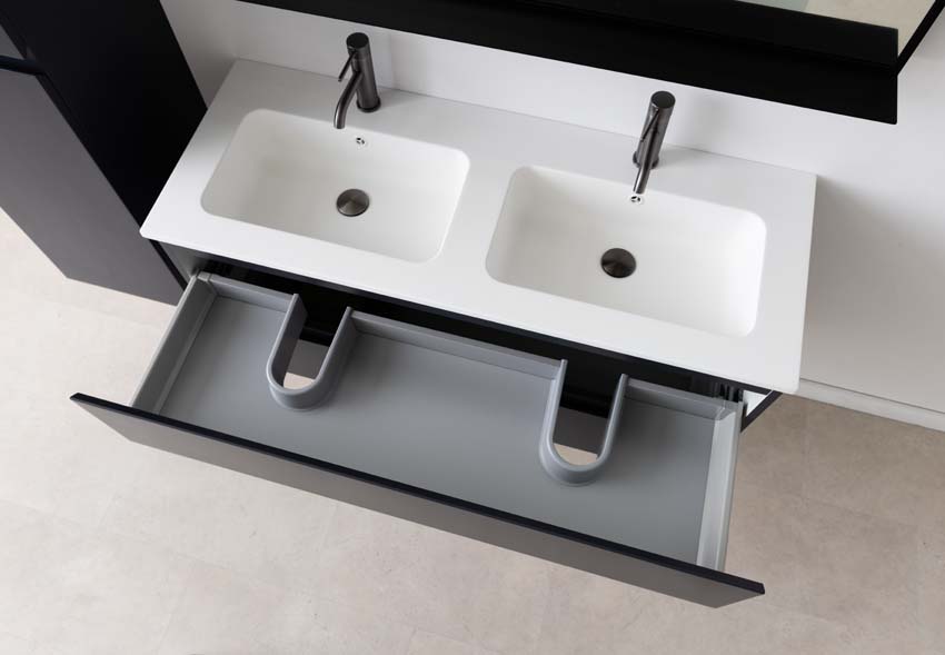 Meuble de salle de bains Tibo gris suspendu avec lavabo double blanc mat 120cm