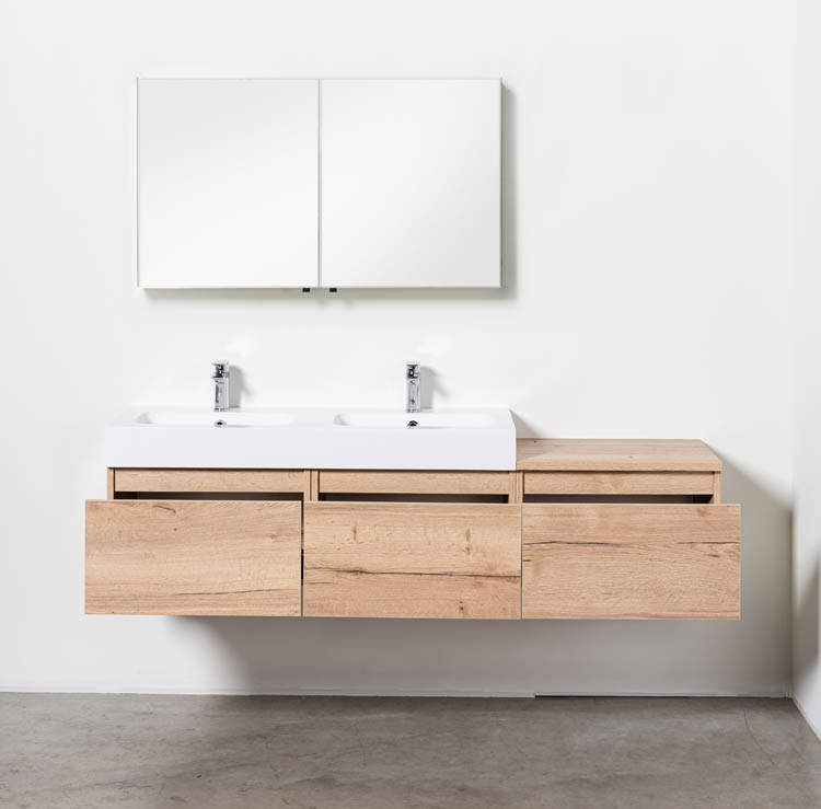 Meuble salle de bain aspect chêne Domino 1800 mm lavabo brillant