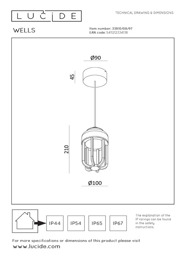 Lucide Essential Wells - Hanglamp binnen/buiten - Ø10cm - LED - 1x8W 2700K - IP54 - Roestbruin
