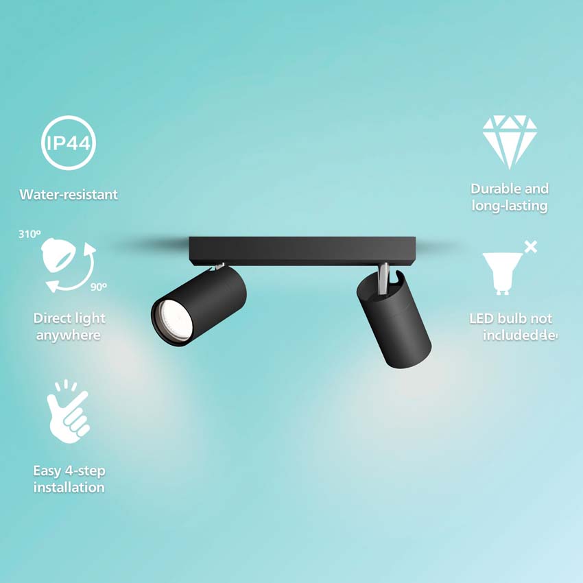 Spot plafond salle de bains noir 2 spots IP44
