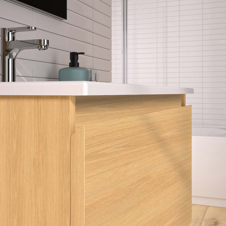 Meuble de salle de bains Atlas chêne suspendu avec lavabo simple blanc mat 80cm + miroir et éclairage