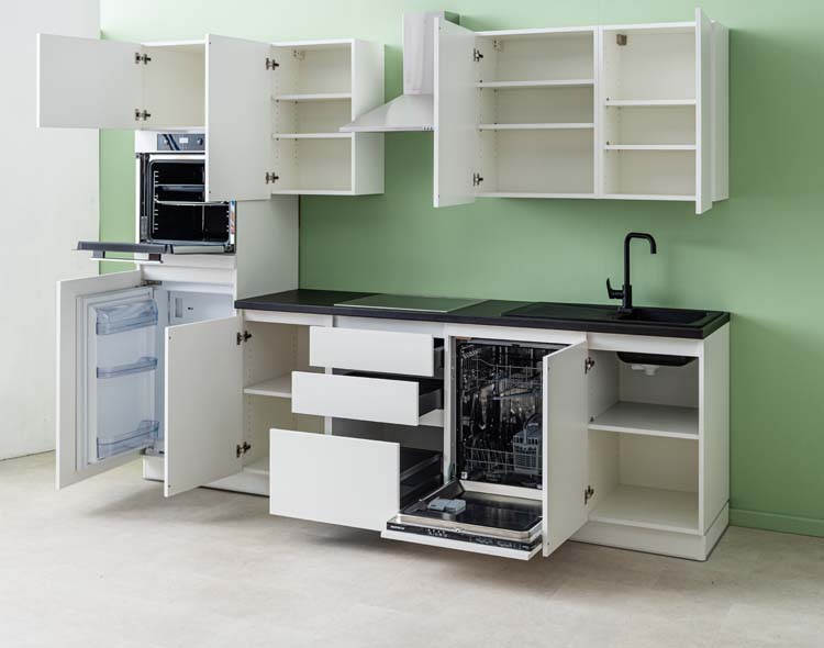 Cuisine Plenti blanche/noire 280cm - tiroirs - avec appareils - plaque de cuisson vitrocéramique et hotte murale en inox