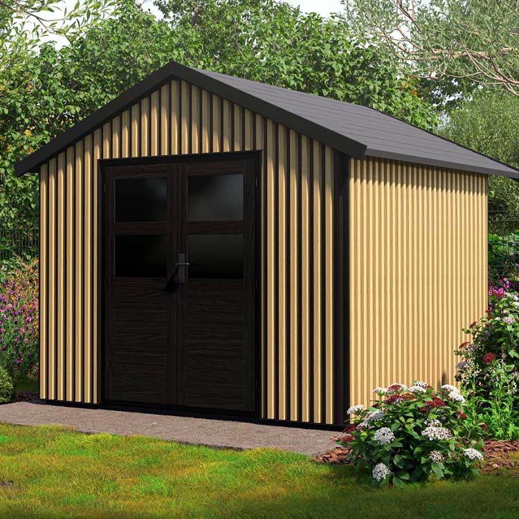 Gevelbekleding wpc houtlook combinatie met zwart - tuinhuisje