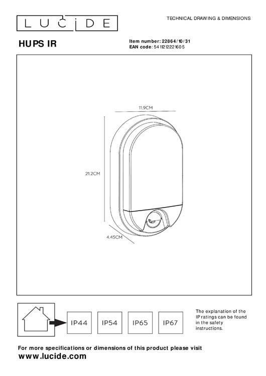 Lucide HUPS IR - Applique murale Extérieur - LED - 1x10W 3000K - IP54Détecteur De Mouvement & Jour/Nuit - Blanc
