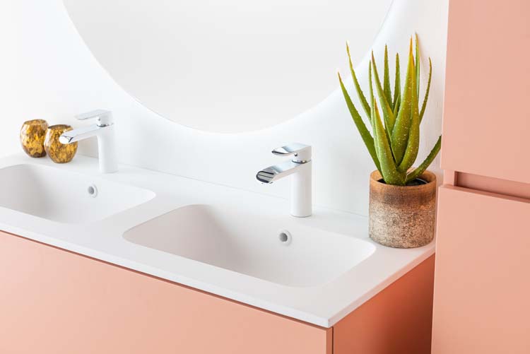 Meuble de salle de bains Puro blush suspendu avec lavabo double blanc mat 120cm